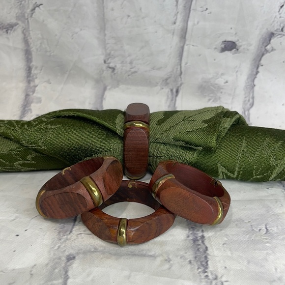Polished Reddish Wood and Brass Napkin Rings Bohemian Set of 4 Made in India - Picture 1 of 5